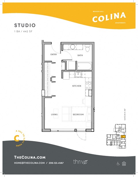 Floor plan for studio, 1 bath, 442 sqft